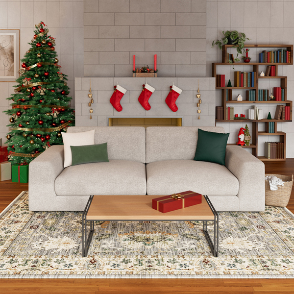 Contemporary Grey Sofa in Living Room Decorated for Christmas