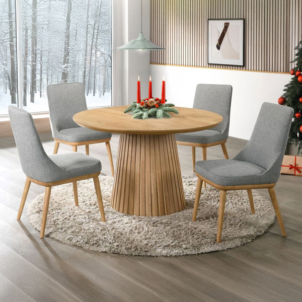 Mid-century modern round dining set with Christmas decorations