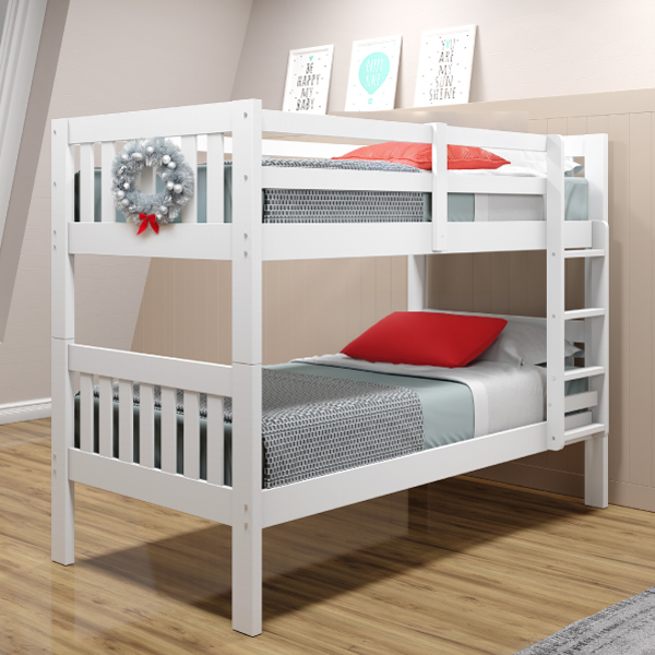 White twin bunk bed with Xmas wreath on the end.