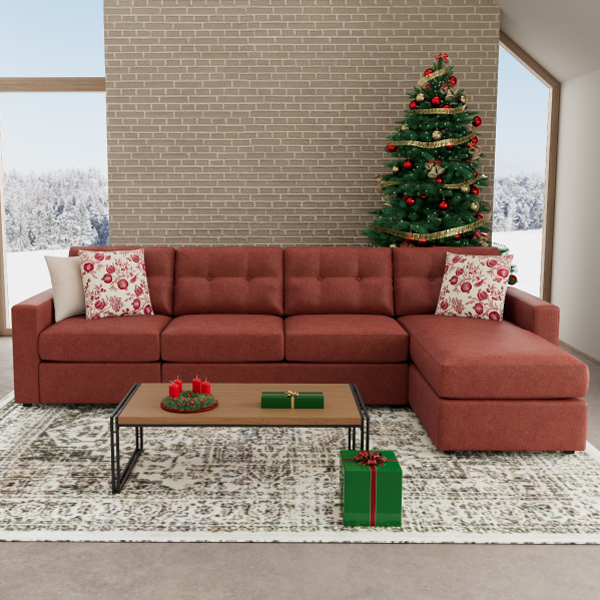 Orange sectional sofa with a Christmas tree