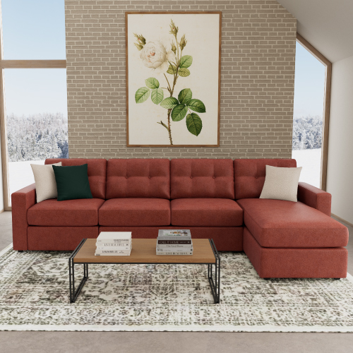 Red sectional with a winter background
