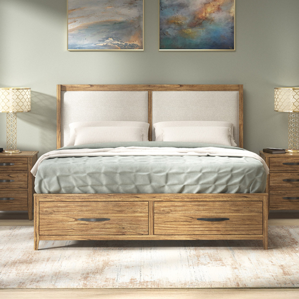 Wooden bed frame with footboard storage and two wooden nightstands