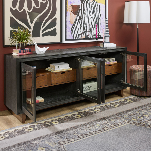 Black storage console with doors open
