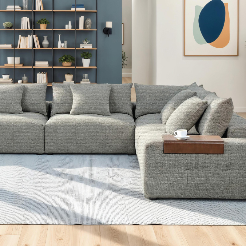 City Grey 6-Piece Modular Sectional with Wooden Arm Tray